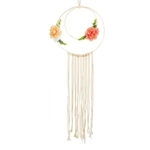 Decoratiune de Perete Macrame Rotundă Bej cu Franjuri și Flori