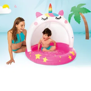 Piscina gonflabila acoperita pentru copii, cu model Unicorn, Ø102x102 cm, fucsia/alba