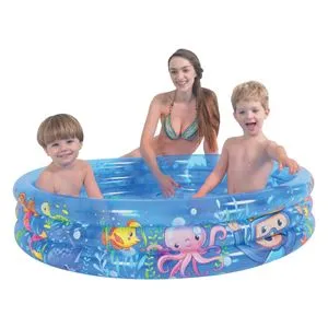Piscina gonflabila pentru copii cu model Lumea Marina, Ø1.20x0.24m, Albastra