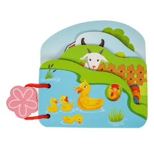 Carte educativă din lemn cu animale de fermă, 12x12 cm, multicolor