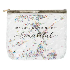 Portfard Transparent cu Confetti Inimi și Stele, 20x17cm, Fermoar Auriu