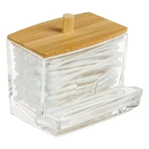 Suport acrilic transparent pentru betisoare igienice, cu capac din bambus, 9x7x7 cm