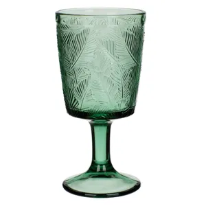 Pahar cu picior din sticlă verde, model frunze, 335 ml