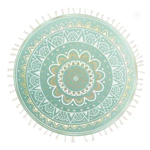 Pernă decorativă rotundă, Verde Menta, Model Mandala, Franjuri Bej, Ø40cm