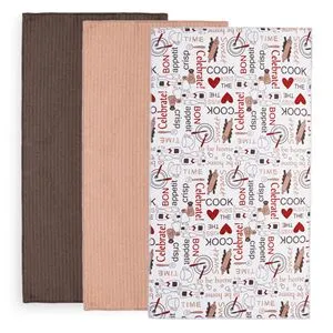 Set 3 Prosoape de Bucătărie din Microfibre, 60x35cm, Model Carouri cu Tacâmuri, Maro-Nude-Alb