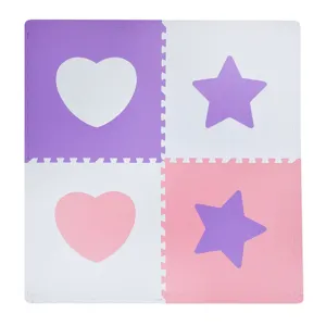 Covor Puzzle pentru Copii, 4 Piese, 61x61cm, Roz si Alb cu Inimi si Stele