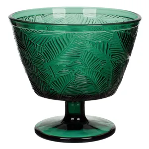 Bol din sticlă cu picior pentru înghețată, 300 ml, verde, model frunze
