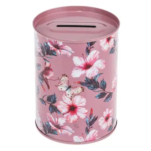 Bank de bani metalic roz cu motiv floral, fără capac