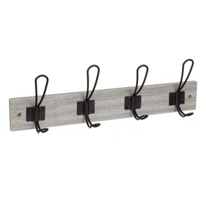 Cuier de perete din lemn, gri, cu 4 carlige metalice duble, 45x7x1.2cm
