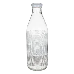 Sticlă din sticlă transparentă cu model dungi gri și albe, 1L, capac metalic cu filet