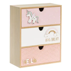 Cutie decorativa din lemn cu 3 sertare, Model 3D Unicorn si Curcubeu, 21x10x27cm, Roz