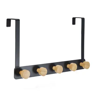 Cuier peste ușă, Metal și Bambus, 5 Cârlige, 33 cm, Negru