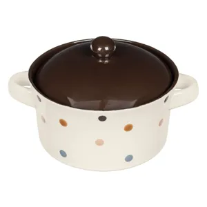 Bol ceramic pentru supă, 650ml, Bej cu buline colorate, cu mânere și capac maro