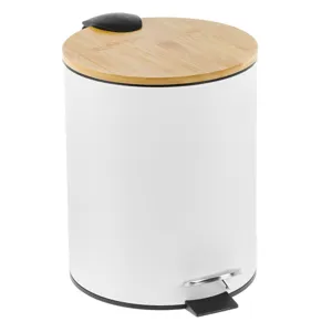 Coș de gunoi metalic cu capac din bambus, 5L, alb mat