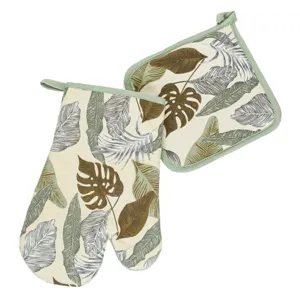 Mănușă și Șervet de Bucătărie Bej cu Model Frunze Tropicale - Set 2 buc