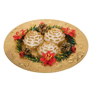Platou Decorativ Crăciun cu 3 Lumânări Aurii