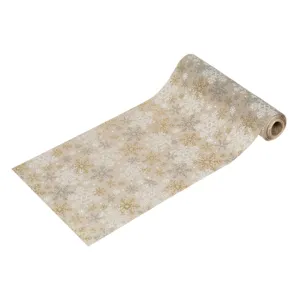 Tesatură Decorativă Bej cu Fulgi Albi și Aurii Glitter Argintii