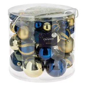 Set Globuri de Crăciun Albastre-Aurii Mate cu Glitter și Beteală