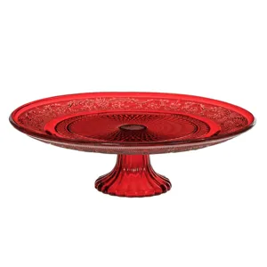 Platou de sticlă roșie cu picior pentru prăjituri și deserturi sculptate