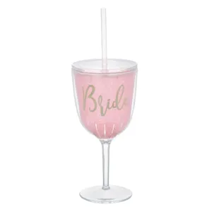 Pahar de vin din plastic cu pai si capac, roz, 400 ml, cu imprimeu auriu "Bride"