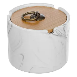 Scrumieră ceramică cilindrică albă cu marmură și capac din bambus