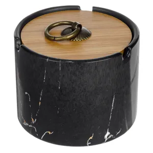 Scrumieră Ceramică Cilindrică Neagră Marble cu Capac Bambus, Ø10x7cm
