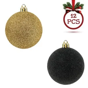 Set Globuri de Crăciun Aurii Negre cu Glitter - 12 buc