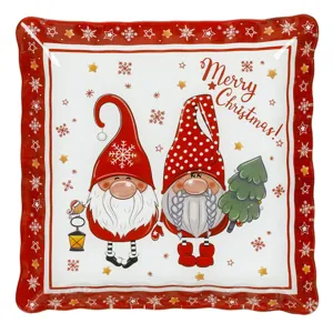 Farfuria Decorativă Crăciun cu Gnome din Sticlă 30x30cm Alb/Roșu
