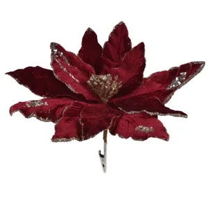 Floare decorativa de Craciun, bordo cu glitter bej si clips, 36 cm