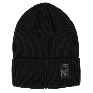 Căciulă tricotată neagră cu căptușeală din blană artificială și patch negru