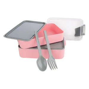 Set Caserole Alimentare Plastic Fără BPA Roz și Gri cu Utensile