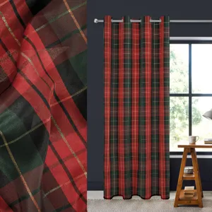Perdea decorativa tartan roșie verde cu detalii aurii pentru renovarea camerei