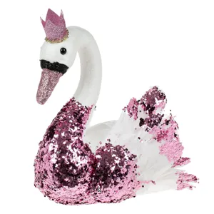 Figură decorativă de Crăciun Lebadă Spumă Albă cu Glitter Roz și Coroană