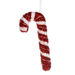 Ornament Brad Crăciun Baston Spumă Roșu Alb cu Glitter Tinsel