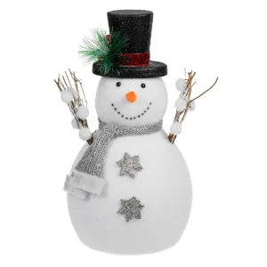Figurina Om de Zăpadă Crăciun, 37 cm, cu Pălărie Neagră și Fular Gri Glitter Arg