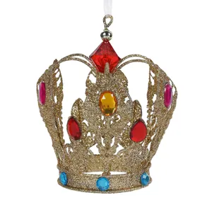 Coroană Ornament Brad de Crăciun cu Glitter Auriu și Pietre Colorate
