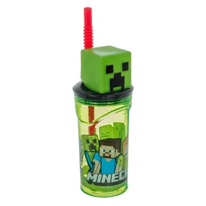 Pahar din plastic cu pai si capac 3D, Verde, Design Minecraft
