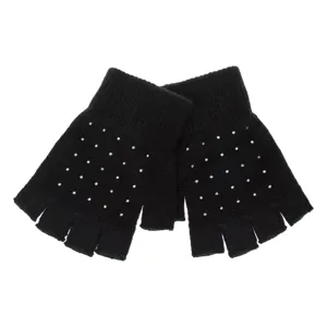 Manusi tricotate pentru femei, cu strass si degete decupate, Negre, O singura marime