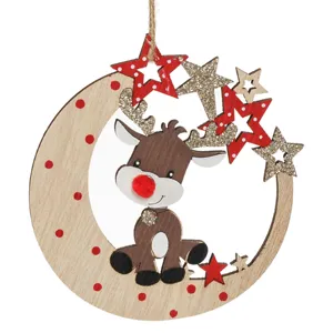 Ornament de lemn Brad de Crăciun cu Cerb și Glitter Auriu