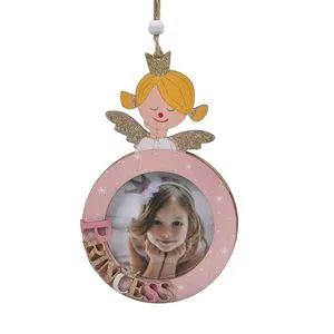 Ornament de Brad din Lemn pentru Poza, Inger cu Rama Rotunda, 10x17cm