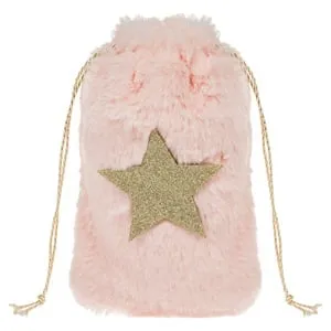 Saculet de Crăciun din blană roz cu stea aurie glitter pentru cadouri