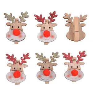 Clestisori Decorativi de Lemn Cerb Nas Rosu Pompon Set 6 Bucati
