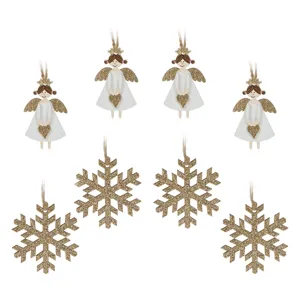 Set Ornamente Lemn Îngeri Fulgi Zăpadă Alb Auriu 8 Bucăți