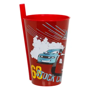 Pahar din plastic cu pai incorporat, 400 ml, Rosu cu model masinute