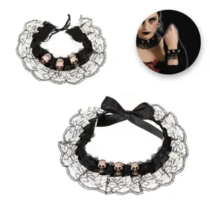 Set Colier Choker si Bratara cu Dantela si Cranii, Negru, 2 buc