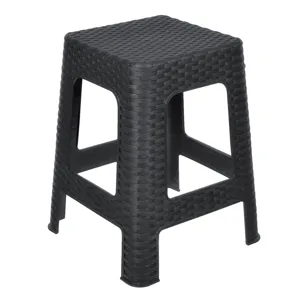 Taburet din Plastic cu Aspect Rattan, Negru Mat, 36.5x36.5x46cm
