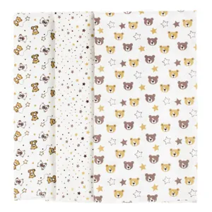 Set 3 Cearceafuri Finet din Bumbac, 80x80 cm, Alb cu Model Ursuleti si Stelute