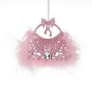 Ornament Brad de Craciun Poseta cu Glitter Roz Piatra si Pene