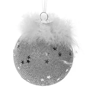 Ornament Brad de Craciun Glob Argintiu cu Glitter și Pene Albe pentru Decor