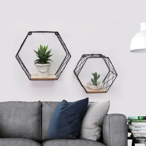 Set 2 Rafturi Decorative de Perete, Hexagonale, Metal și MDF, Negru și Maro